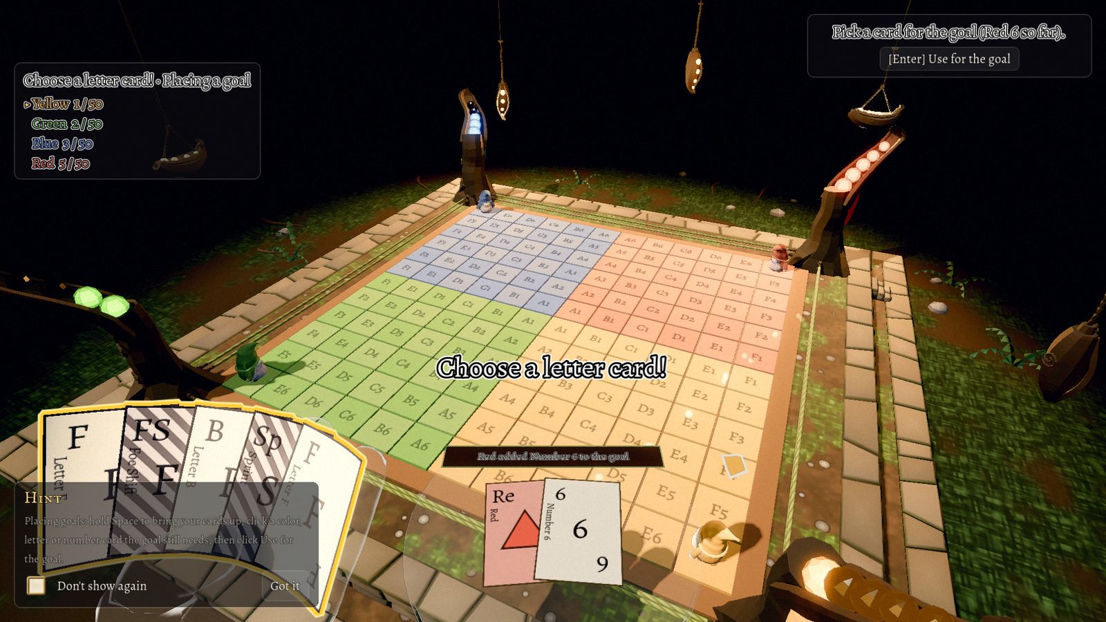 HedgeRow board at night seen from a trainer's seat, cards in hand
